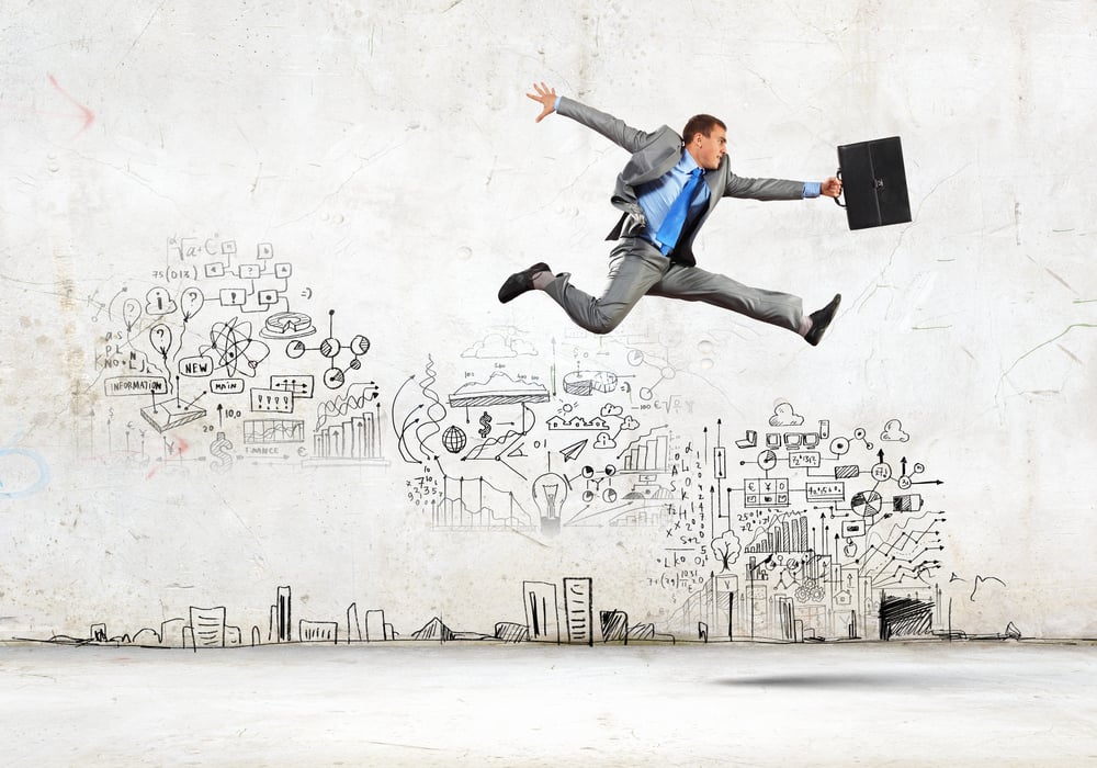 Image of businessman in jump against sketch background